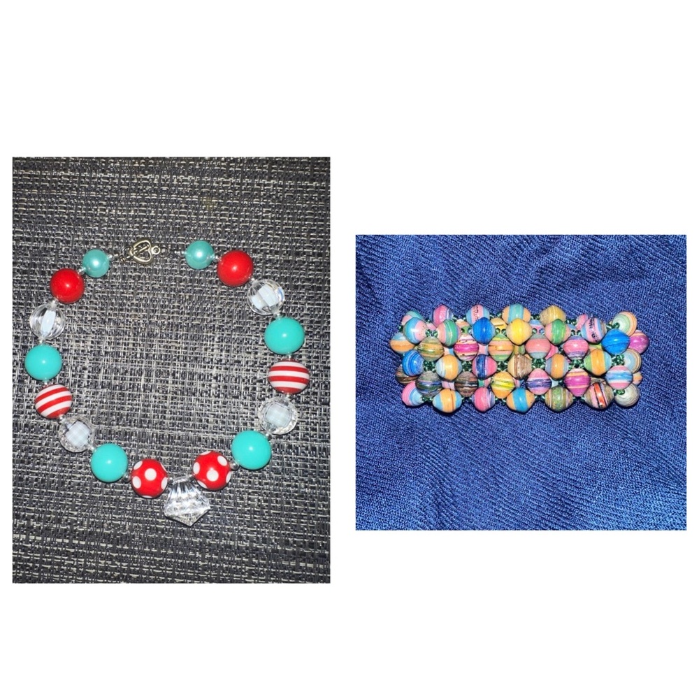 Chunky jewelry and handmade paper-beaded bracelet